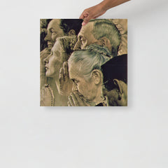 A Freedom of Worship by Norman Rockwell  poster on a plain backdrop in size 18x18”.