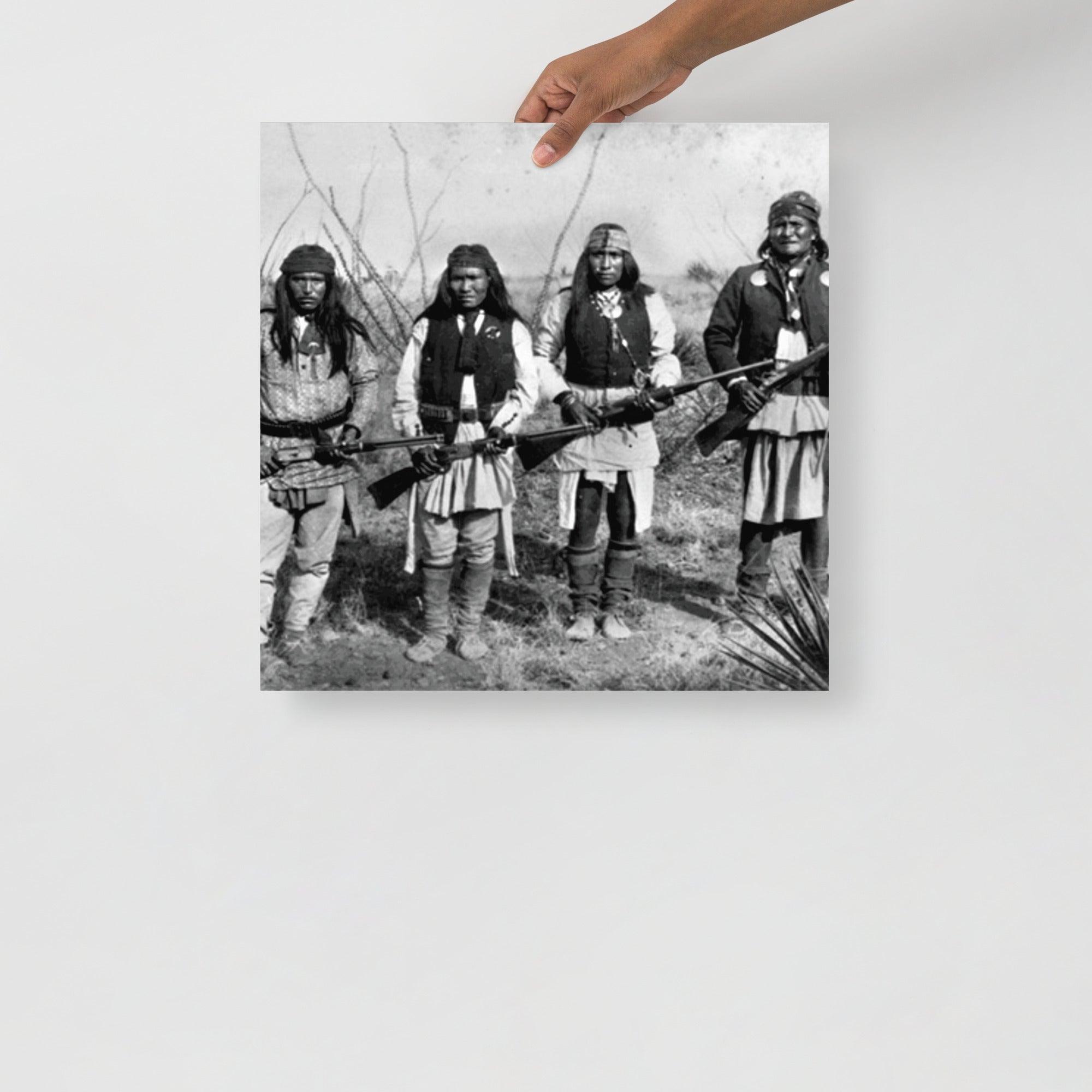 A Geronimo and His Warriors poster on a plain backdrop in size 18x18”.