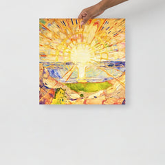 The Sun By Edvard Munch poster on a plain backdrop in size 18x18”.