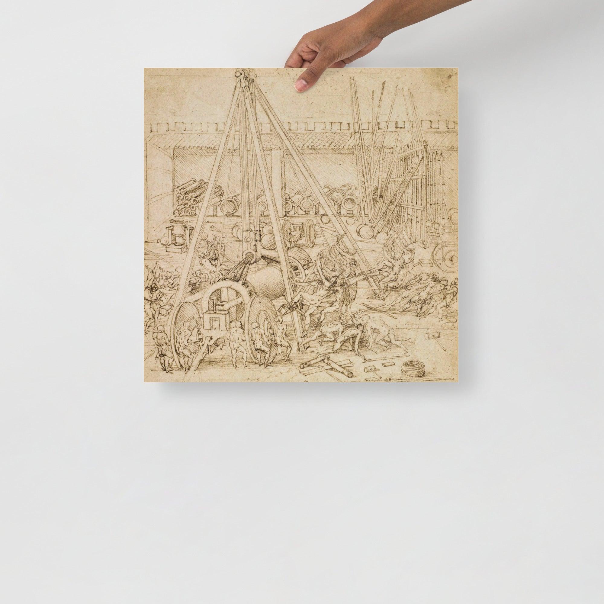 A Scene in an Arsenal by Leonardo Da Vinci poster on a plain backdrop in size 18x18”.