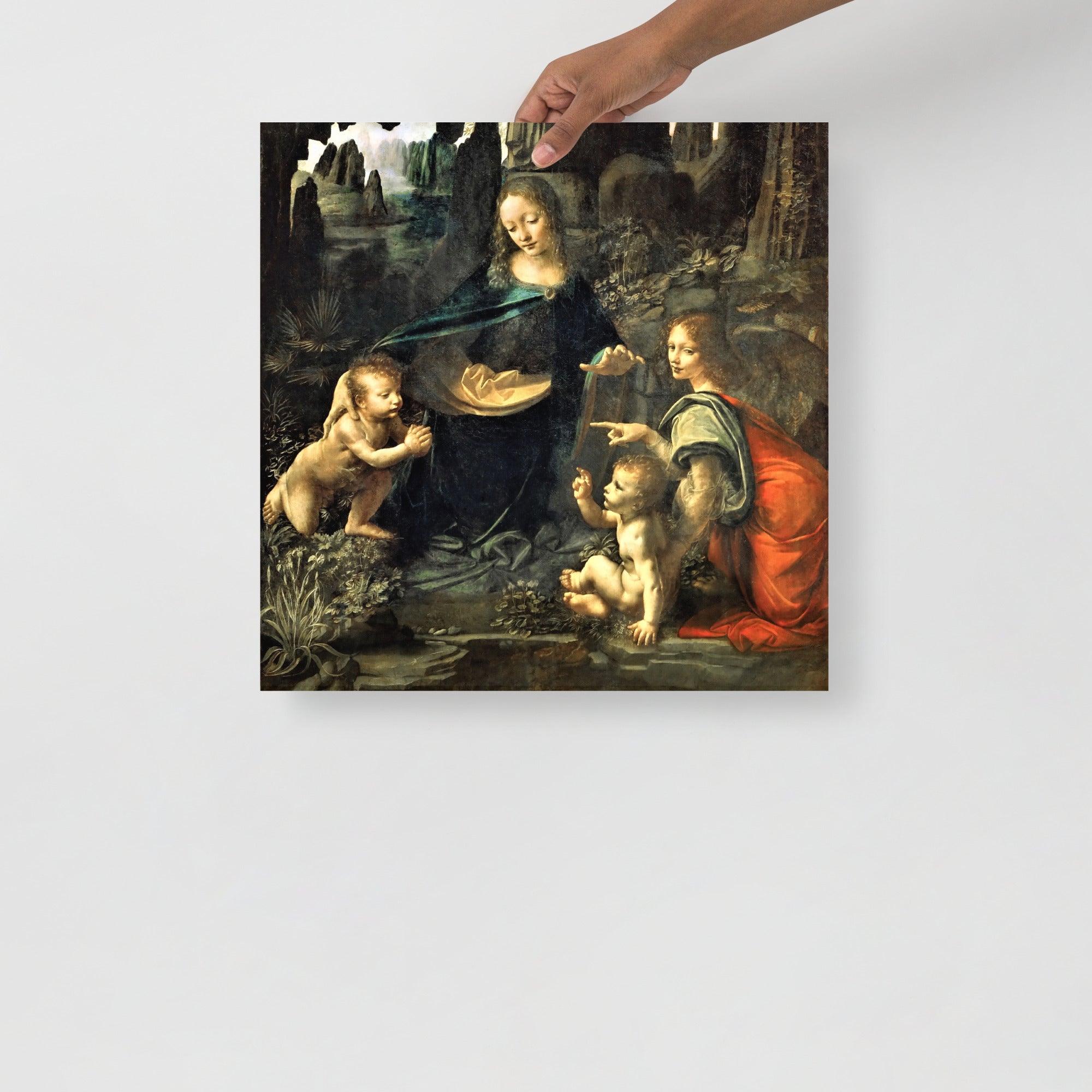 A Virgin of the Rocks by Leonardo Da Vinci  poster on a plain backdrop in size 18x18”.