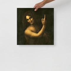 A Saint John the Baptist by Leonardo da Vinci poster on a plain backdrop in size 18x18”.