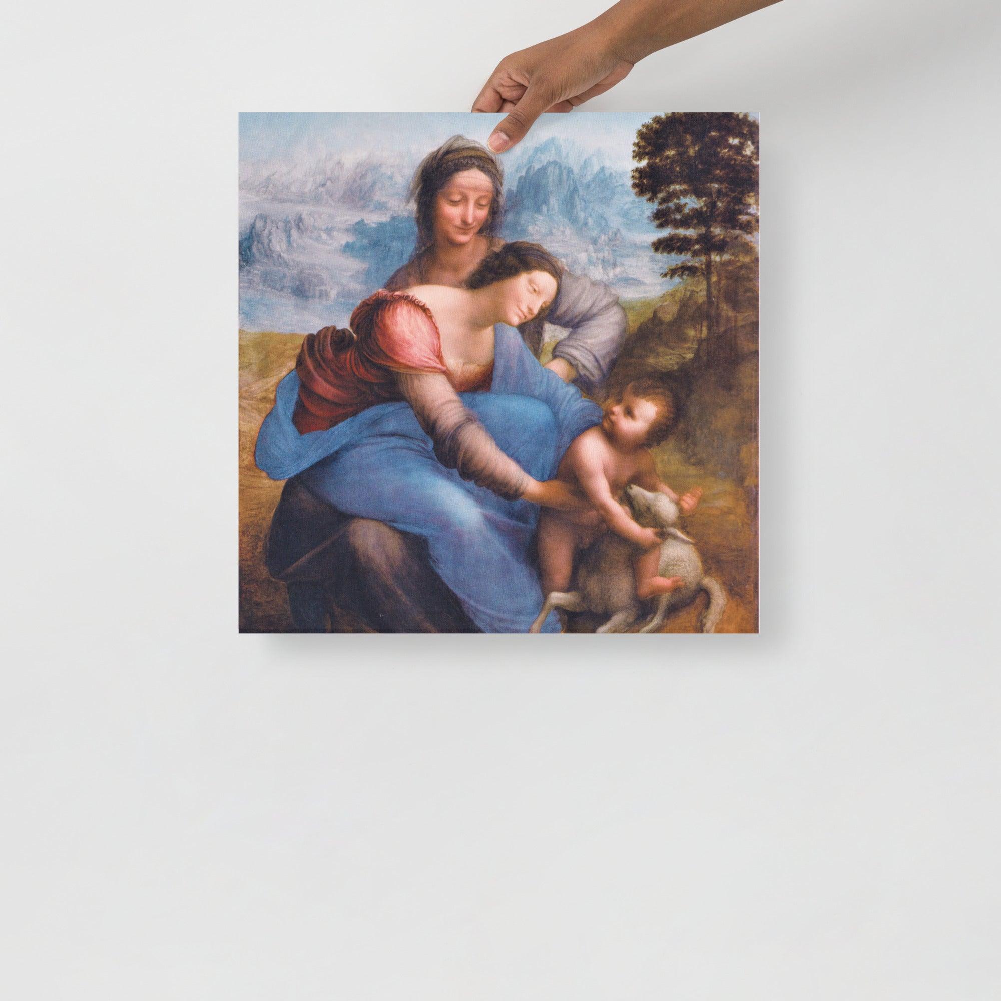 The Virgin and Child with Saint Anne by Leonardo da Vinci poster on a plain backdrop in size 18x18”.