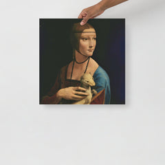 The Lady with the Ermine by Leonardo Da Vinci poster on a plain backdrop in size 18x18”.