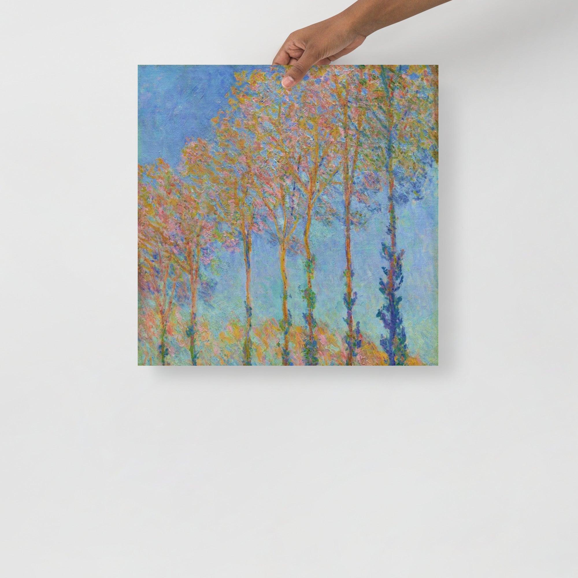A Poplars on the Bank of the Epte River by Claude Monet poster on a plain backdrop in size 18x18”.