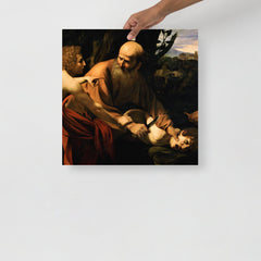 A Sacrifice of Isaac by Caravaggio poster on a plain backdrop in size 18x18”.