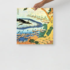 An Oceans of Wisdom by Hokusai poster on a plain backdrop in size 18x18”.