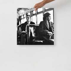 A Rosa Parks Riding a Bus poster on a plain backdrop in size 18x18”.