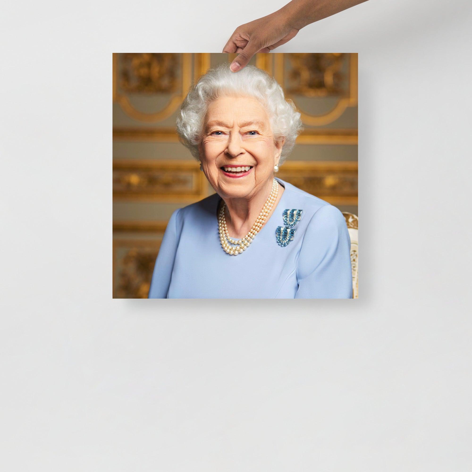 A Platinum Jubilee of Elizabeth II Official Portrait (Posthumous Release) poster on a plain backdrop in size 18x18”.