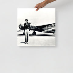 An Amelia Earhart standing in front of the Lockheed Electra on a plain backdrop in size 18x18”.