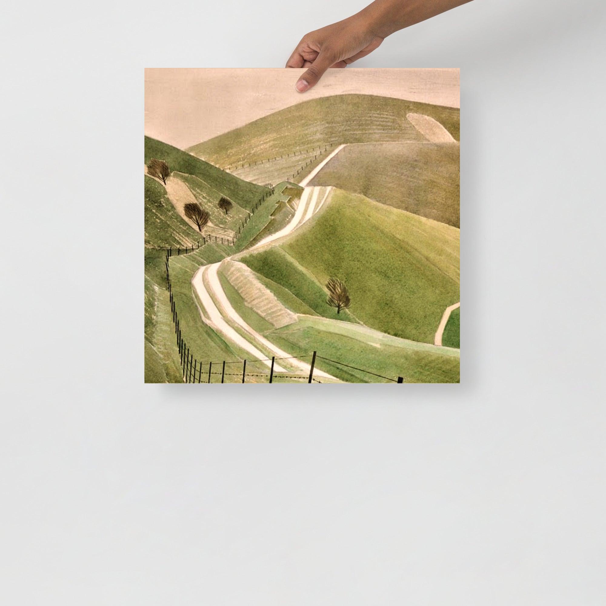 A Chalk Paths by Eric Ravilious poster on a plain backdrop in size 18x18”.