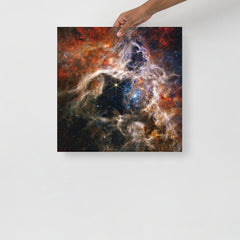 A Tarantula Nebula by James Webb Space Telescope poster on a plain backdrop in size 18x18”.