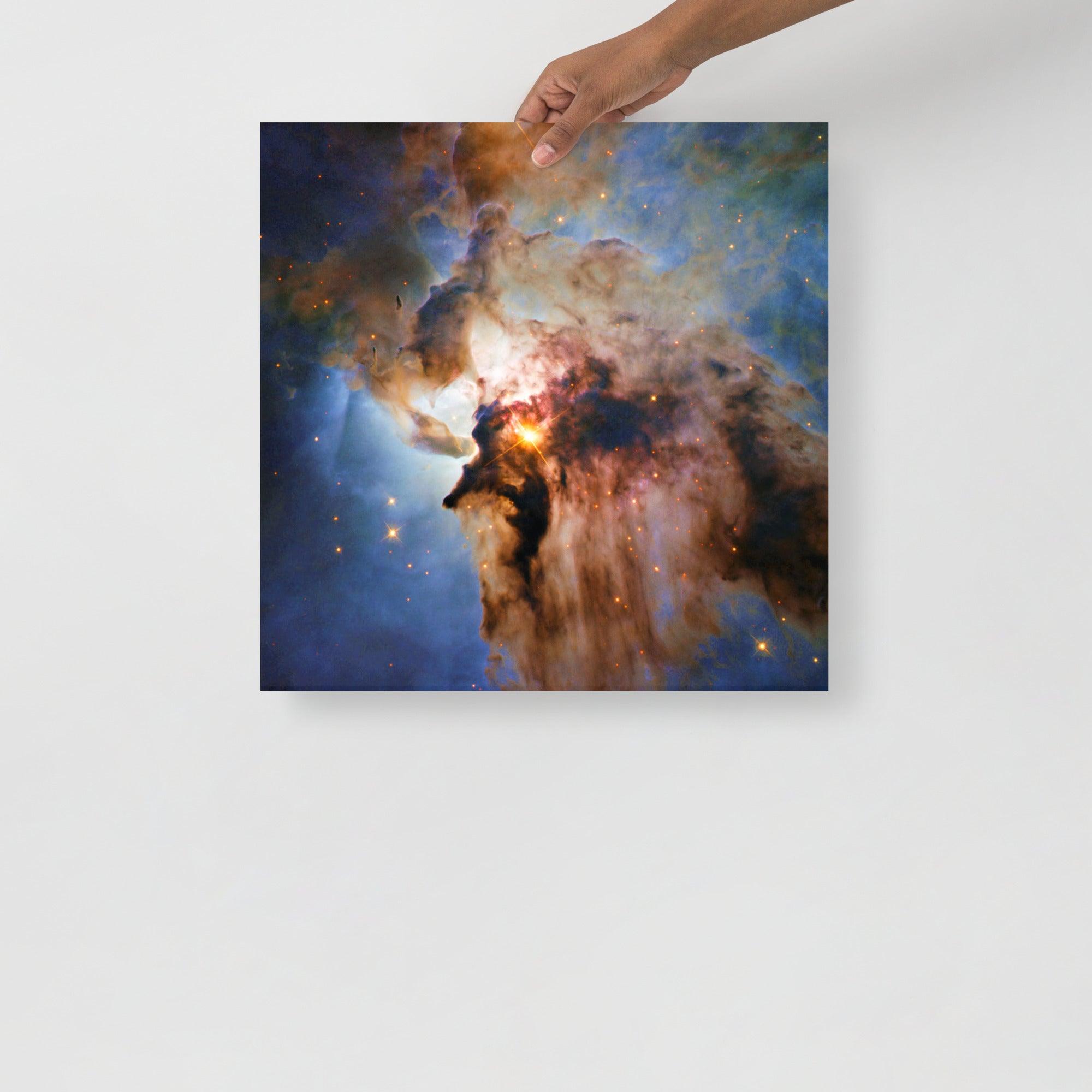 A Lagoon Nebula by Hubble Space Telescope poster on a plain backdrop in size 18x18”.