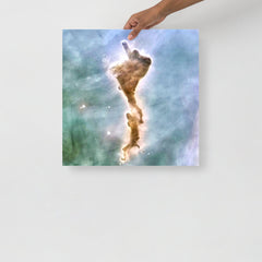 A Finger of God (Carina Nebula) poster on a plain backdrop in size 18x18”.