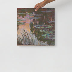 A Water Lilies by Claude Monet poster on a plain backdrop in size 18x18”.