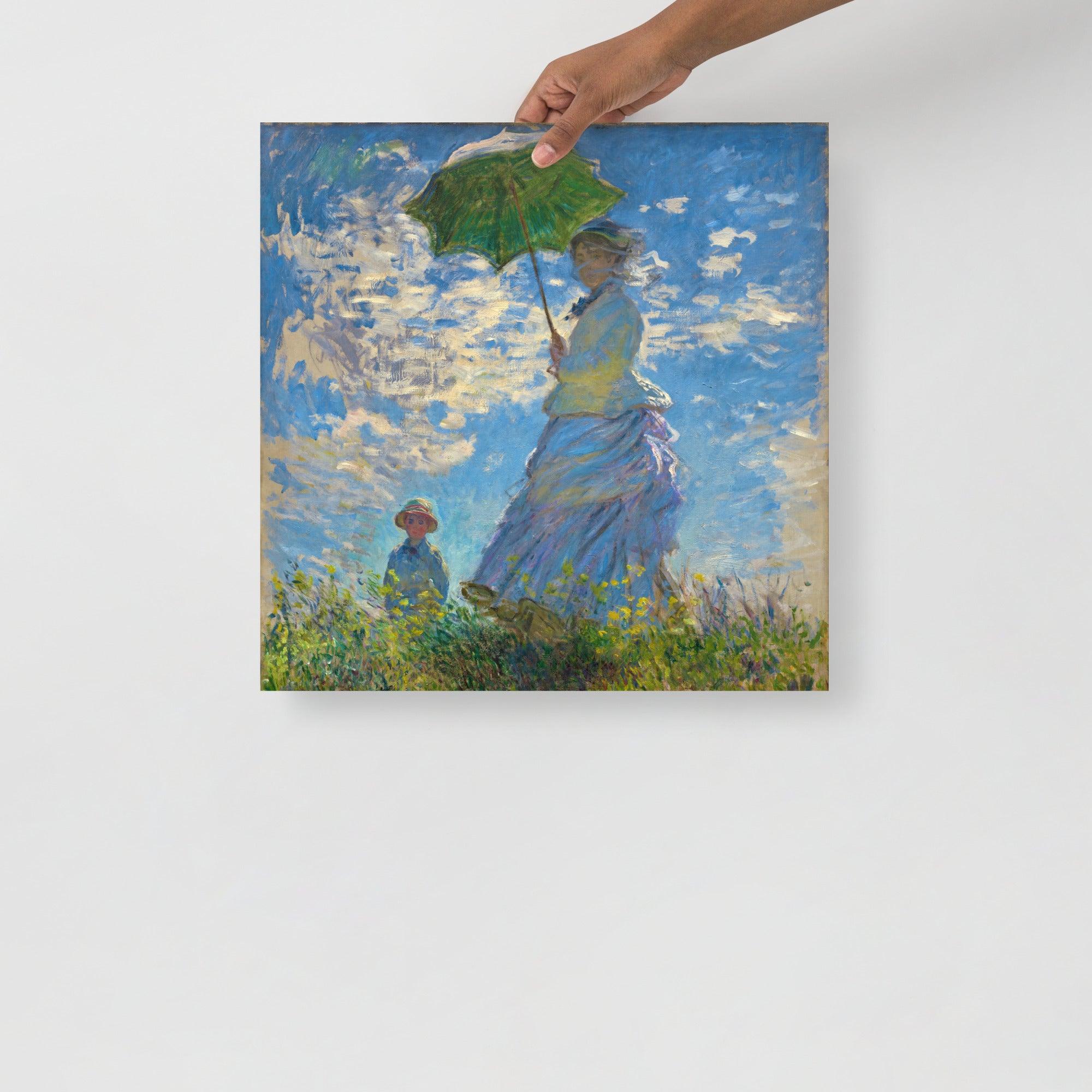 A Madame Monet and Her Son by Claude Monet poster on a plain backdrop in size 18x18”.