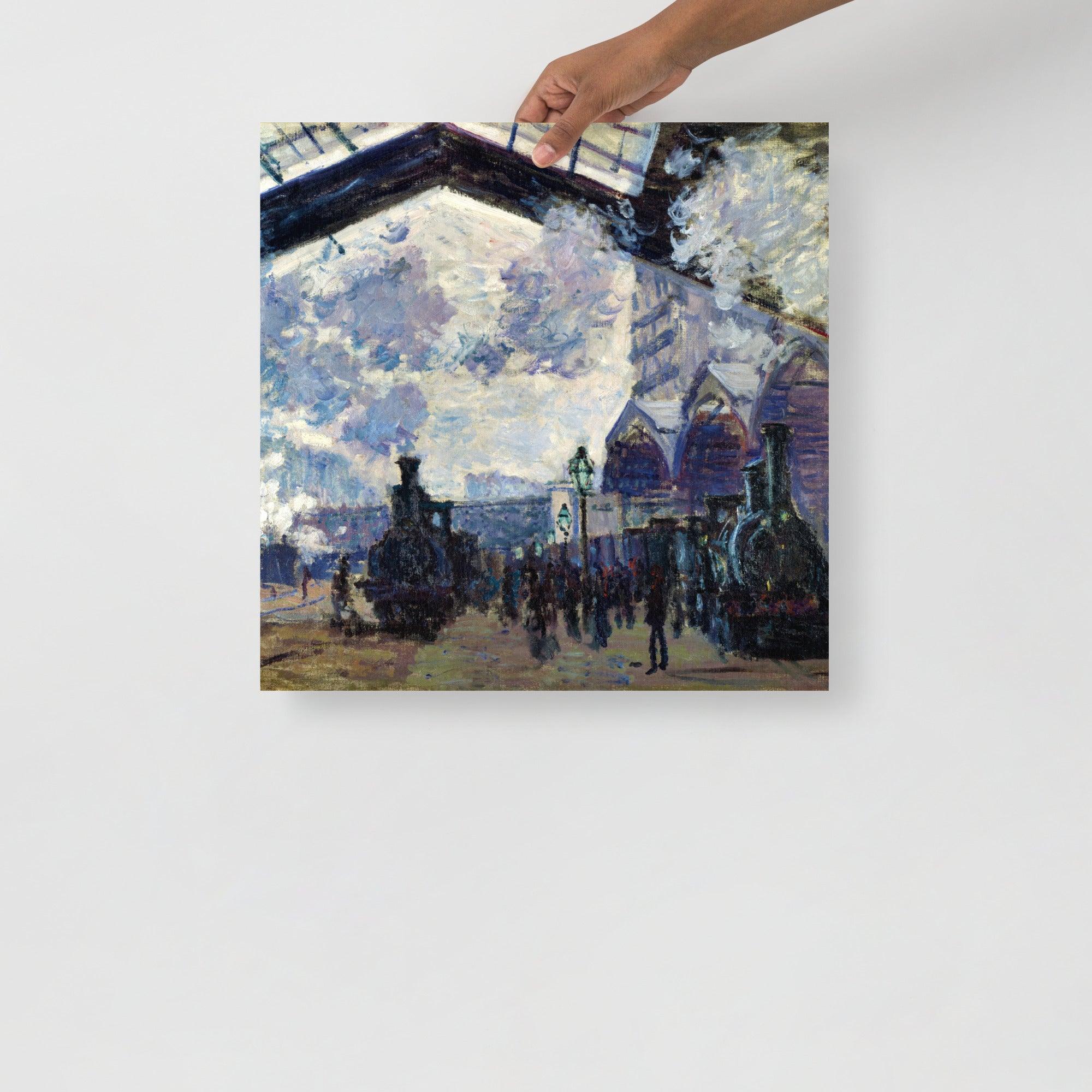 The Gare St-Lazare by Claude Monet  poster on a plain backdrop in size 18x18”.