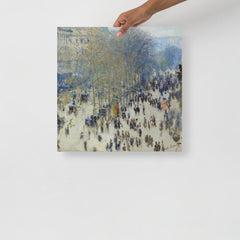 A Boulevard des Capucines by Claude Monet poster on a plain backdrop in size 18x18”.