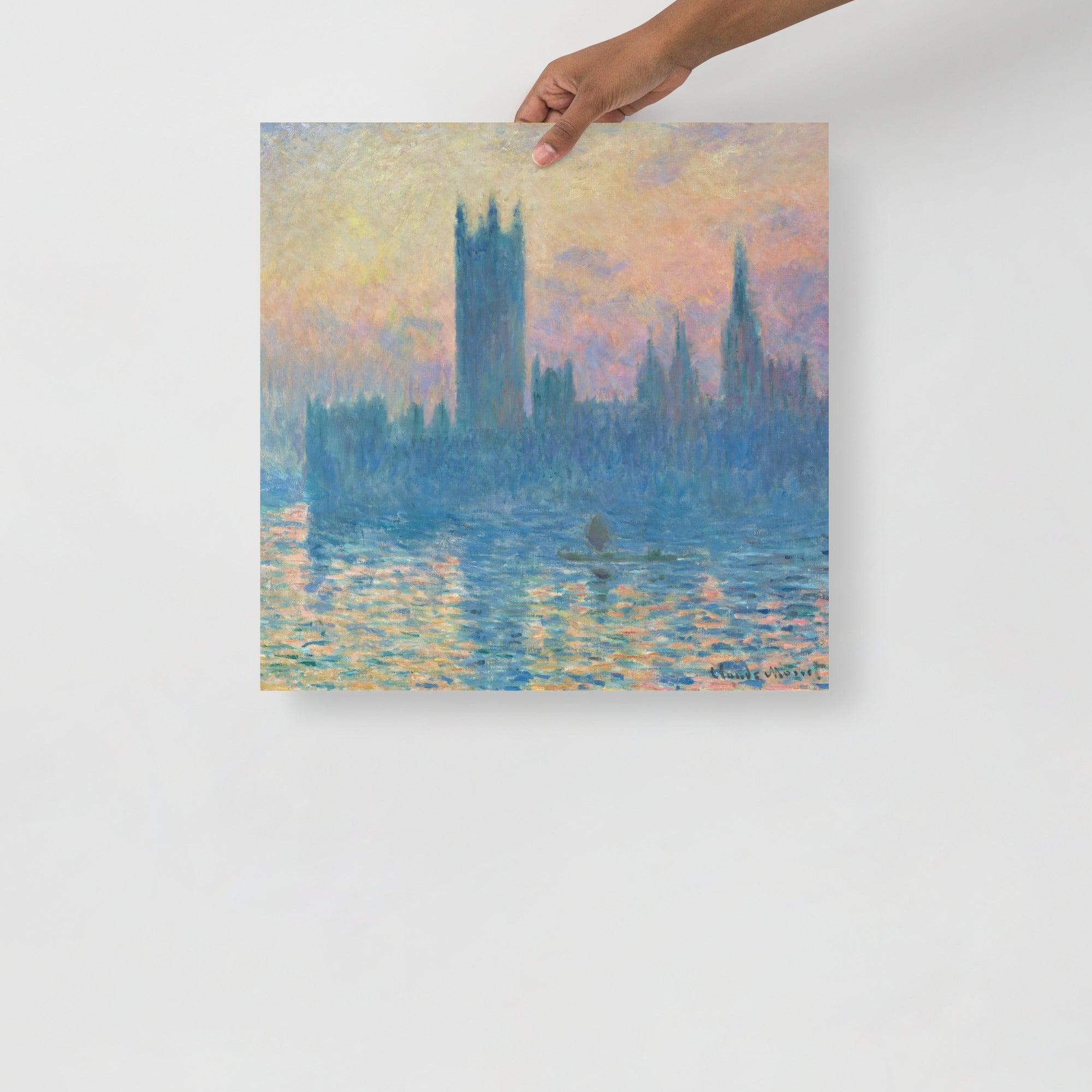 The Houses of Parliament, Sunset by Claude Monet poster on a plain backdrop in size 18x18”.