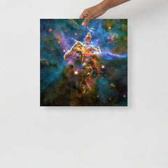 A Mystic Mountain (Carina Nebula) poster on a plain backdrop in size 18x18”.