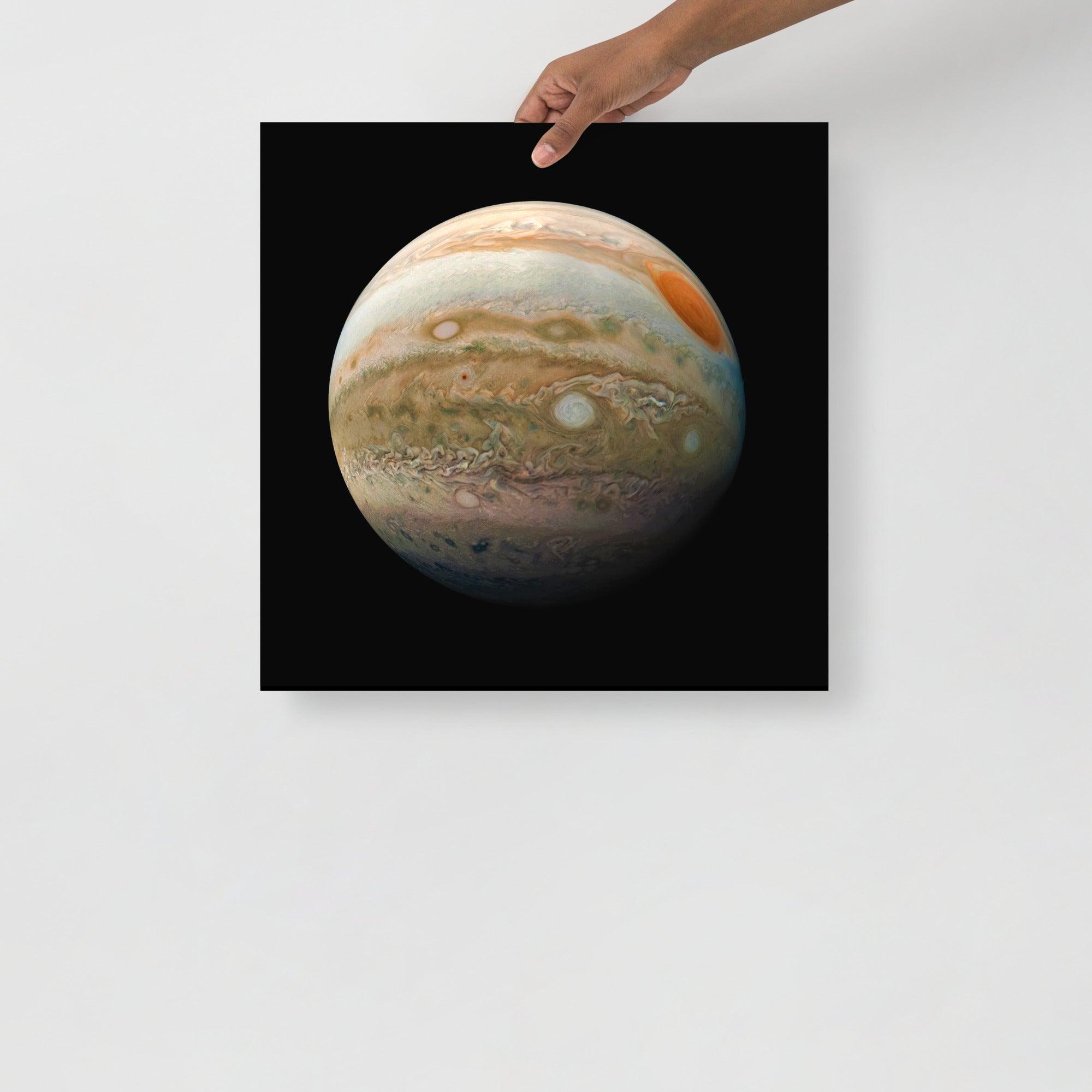 A Planet Jupiter From the Juno Spacecraft poster on a plain backdrop in size 18x18”.