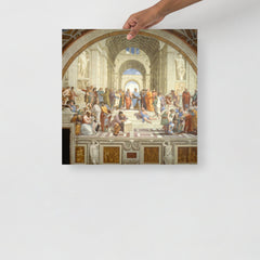 The School of Athens by Raphael poster on a plain backdrop in size 18x18”.