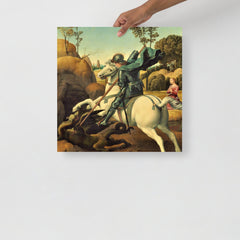 A Saint George And The Dragon by Raphael poster on a plain backdrop in size 18x18”.