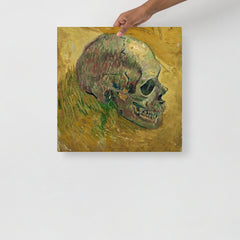 A Skull 1887 by Vincent Van Gogh poster on a plain backdrop in size 18x18”.