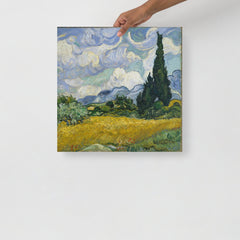 A Wheat Field with Cypresses by Vincent van Gogh poster on a plain backdrop in size 18x18”.
