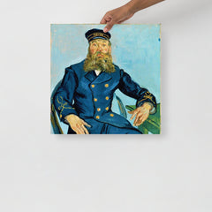 A Postman Joseph Roulin by Vincent van Gogh poster on a plain backdrop in size 18x18”.