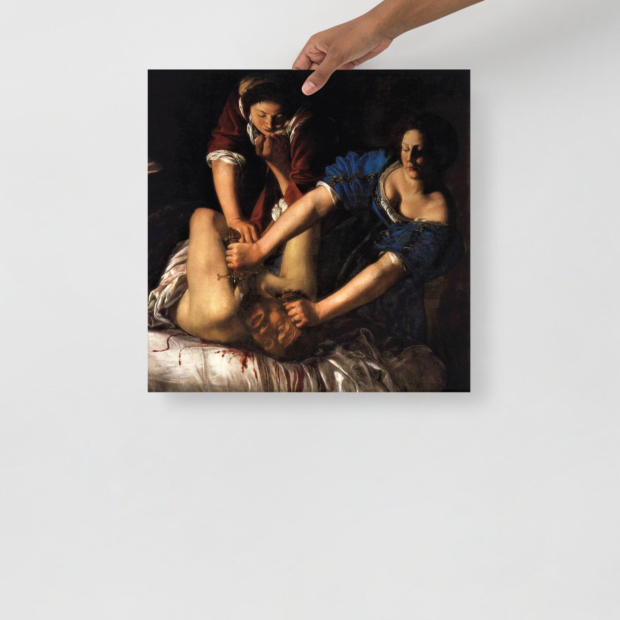 A Judith beheading Holofernes by Artemisia Gentileschi poster on a plain backdrop in size 18x18”.