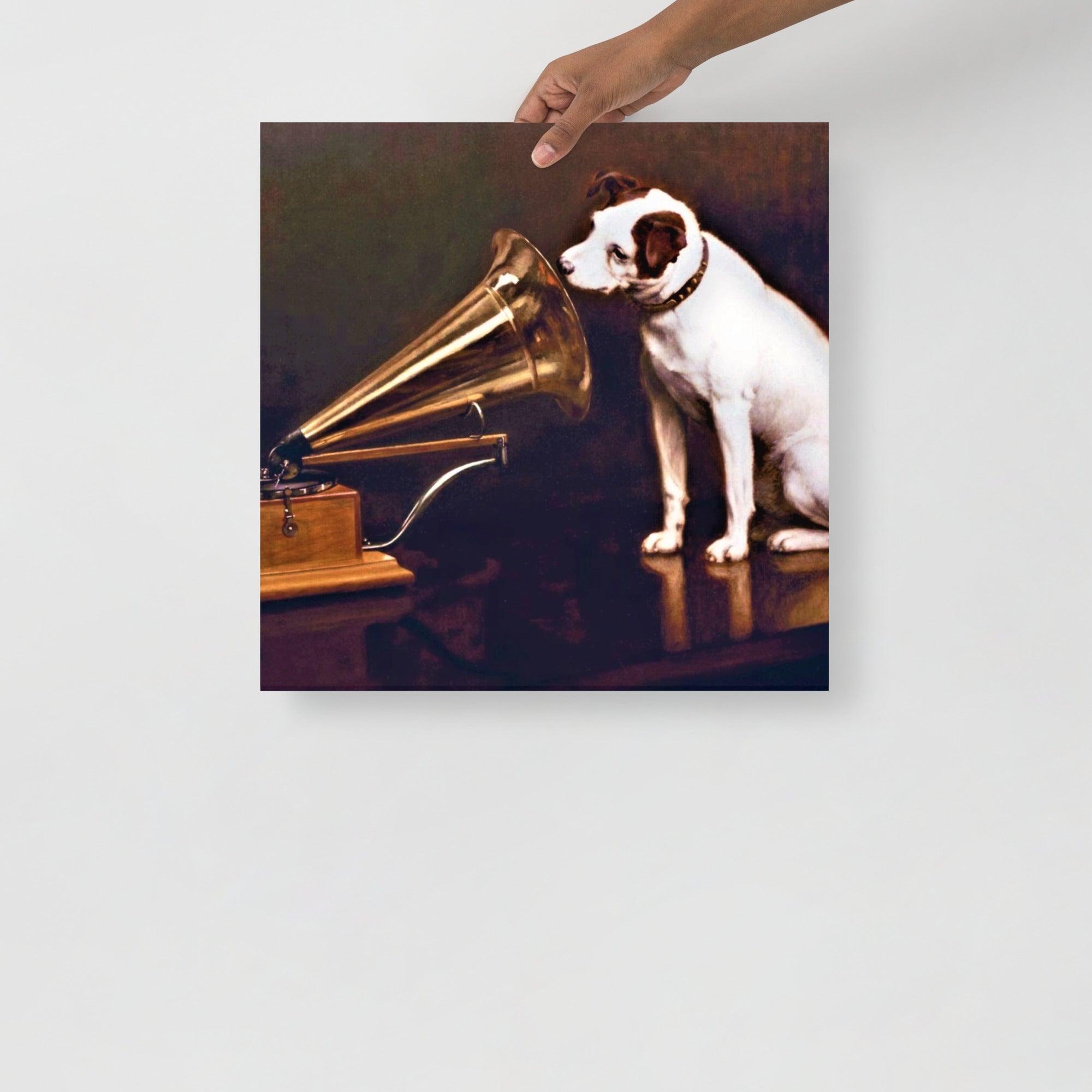 A His Master's Voice By Francis Barraud poster on a plain backdrop in size 18x18”.