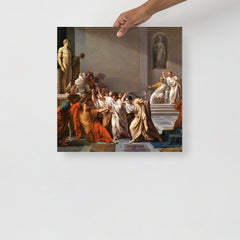 The Death of Julius Caesar by Vincenzo Camuccini poster on a plain backdrop in size 18x18”.