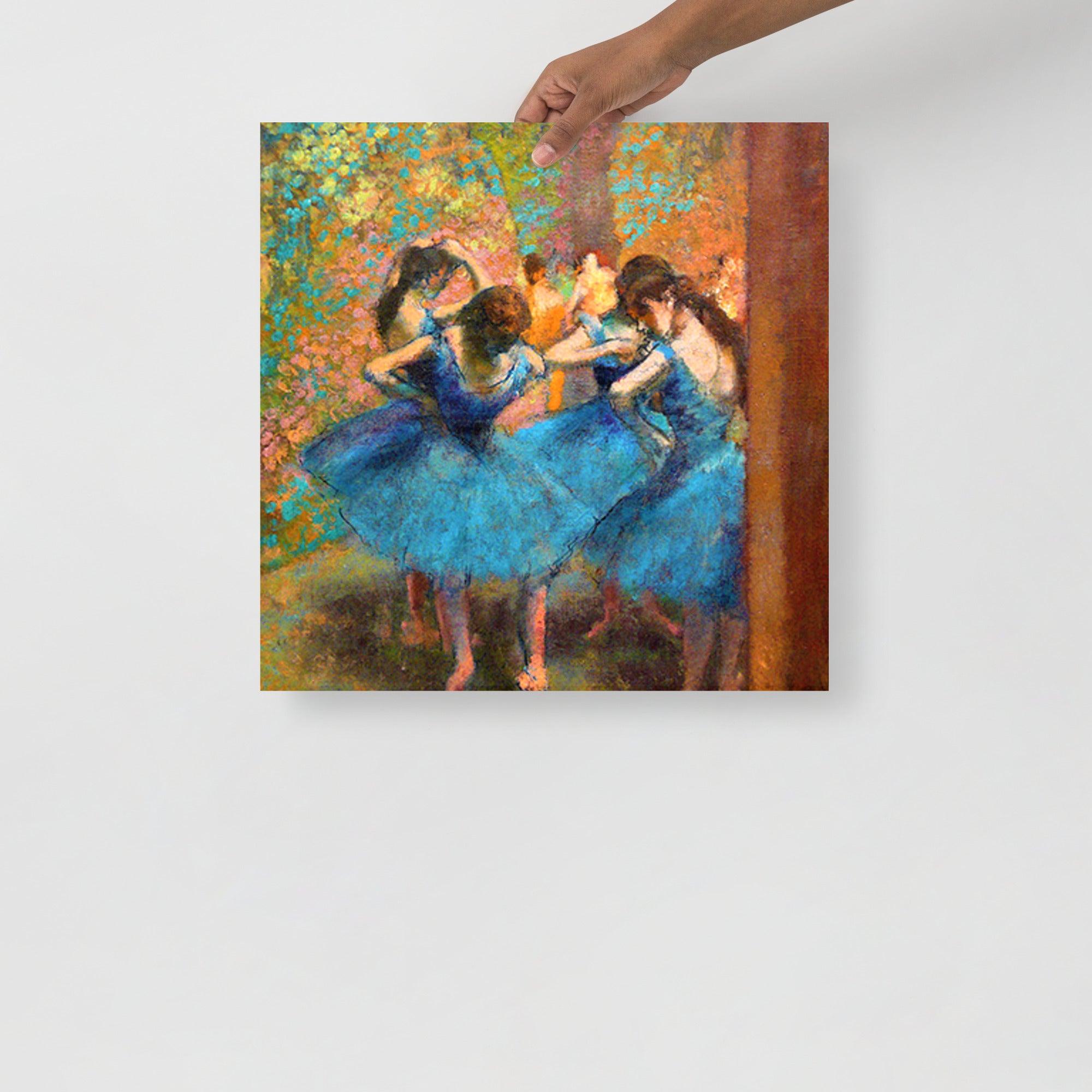 A Dancers in Blue by Edgar Degas poster on a plain backdrop in size 18x18”.