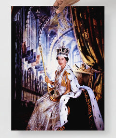 A Queen Elizabeth Coronation poster on a plain backdrop in size 18x24”.