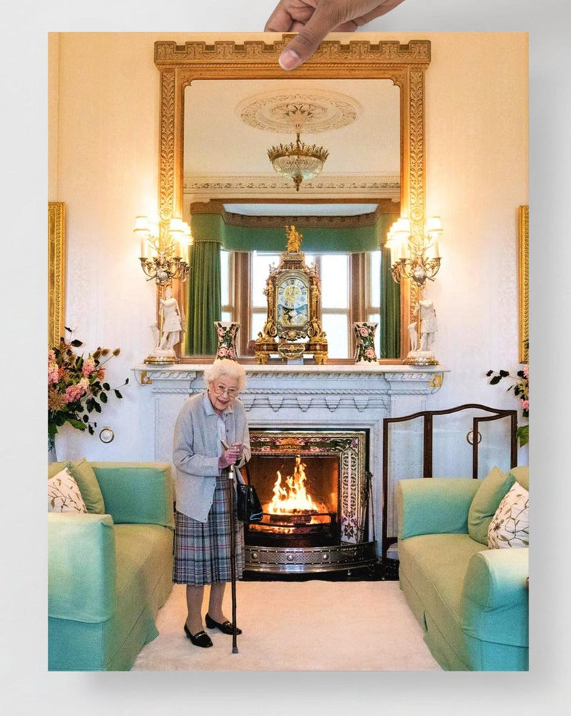 A Queen Elizabeth II Last Photo Taken At Balmoral Castle poster on a plain backdrop in size 18x24”.