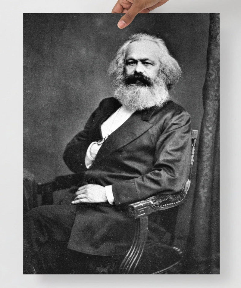 A Karl Marx poster on a plain backdrop in size 18x24”.