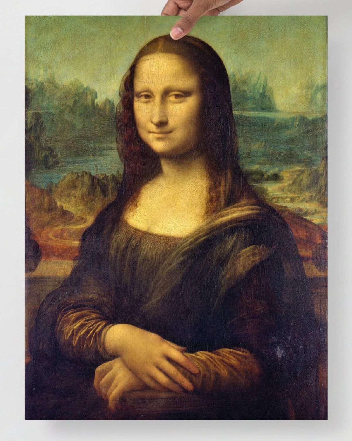 A Mona Lisa by Leonardo Da Vinci poster on a plain backdrop in size 18x24”.
