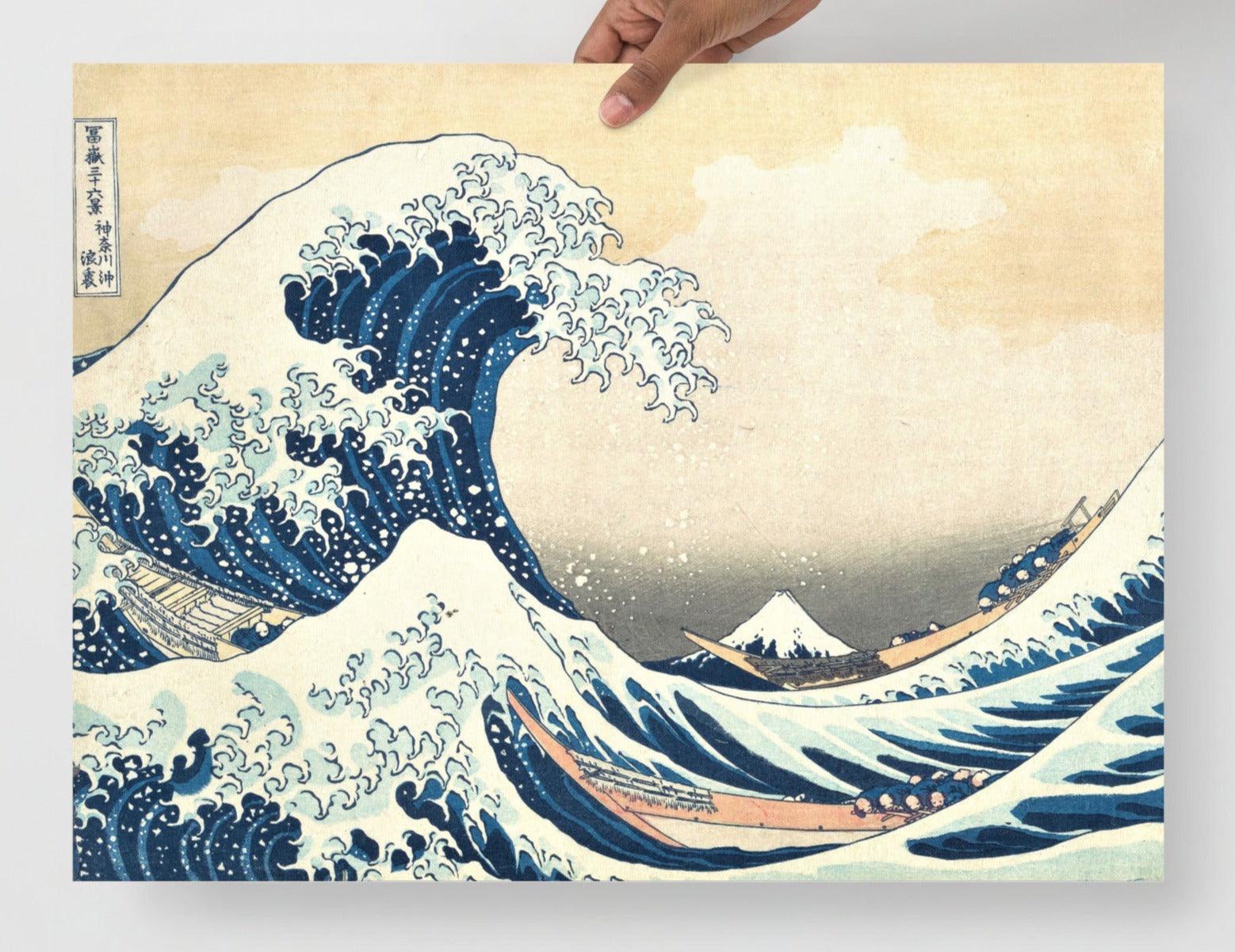 The Great Wave off Kanagawa by Hokusai poster on a plain backdrop in size 18x24”.