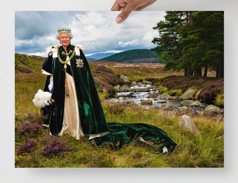 The Queen at Her Balmoral Estate poster on a plain backdrop in size 18x24”.