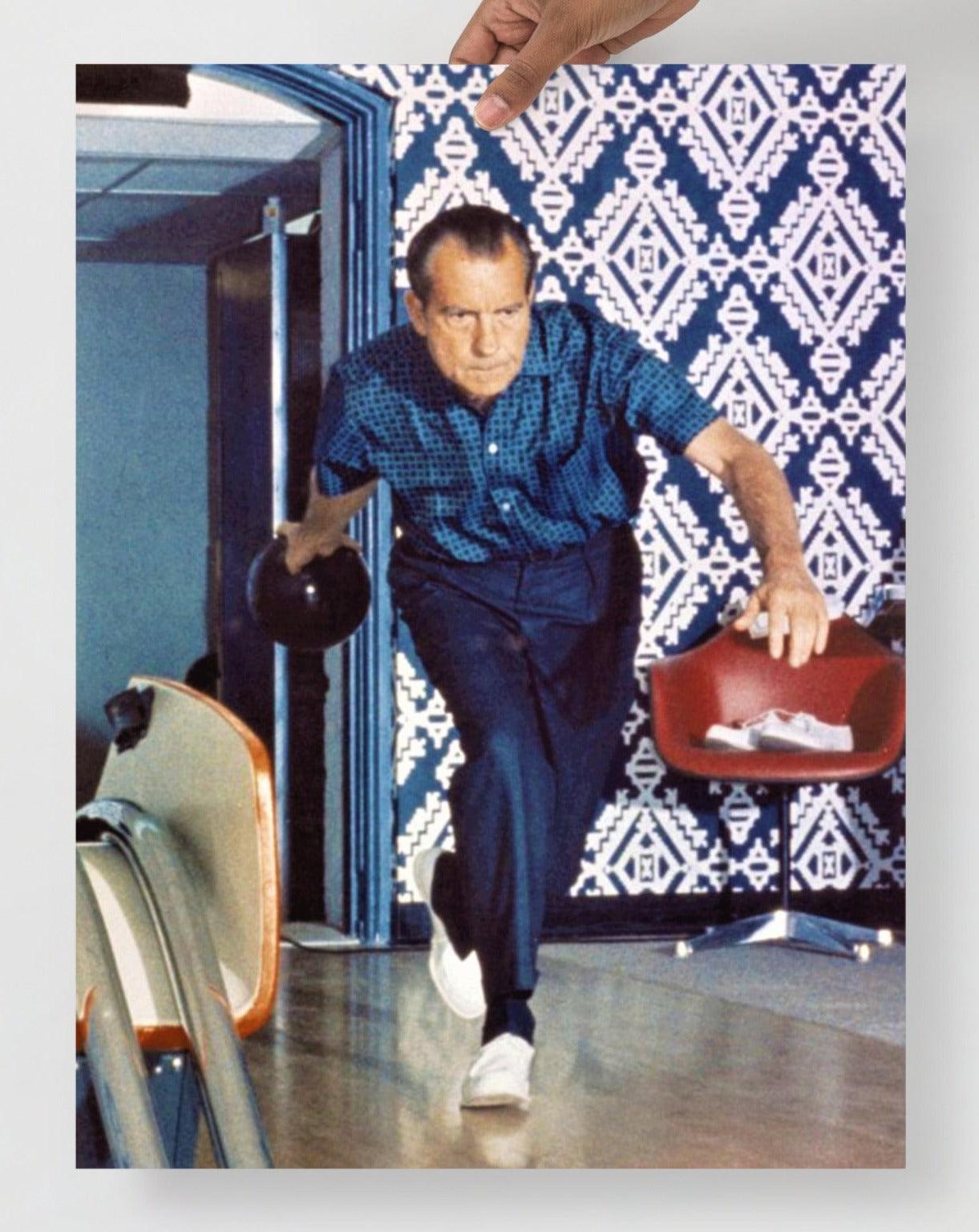 A Richard Nixon Bowling poster on a plain backdrop in size 18x24”.