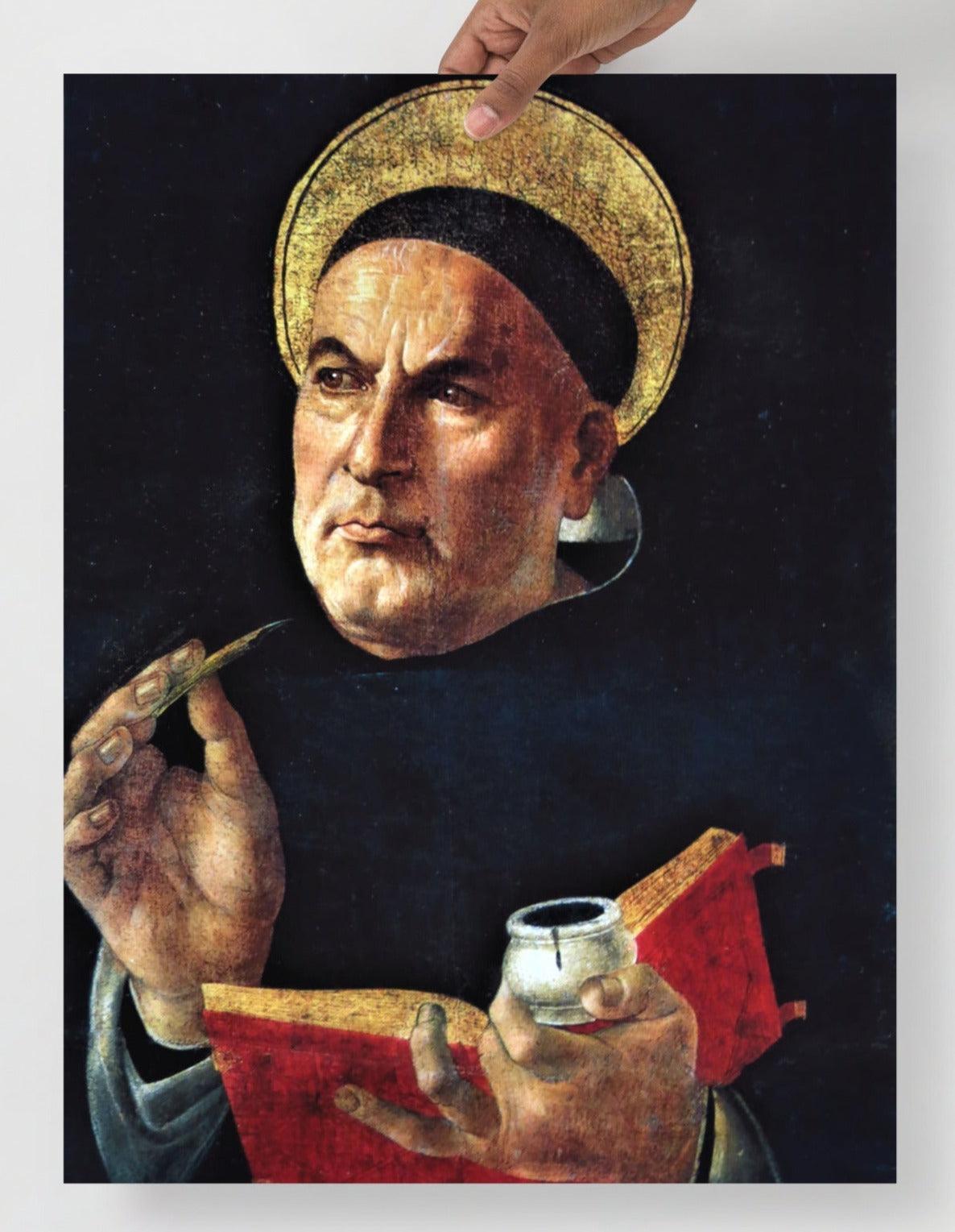 A St. Thomas Aquinas by Sandro Botticelli poster on a plain backdrop in size 18x24”.