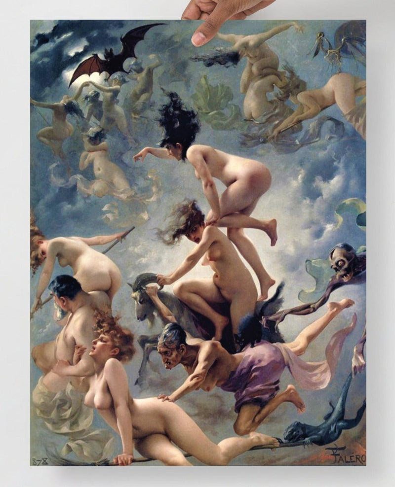 A Witches Going to Their Sabbath by Luis Ricardo Falero poster on a plain backdrop in size 18x24”.