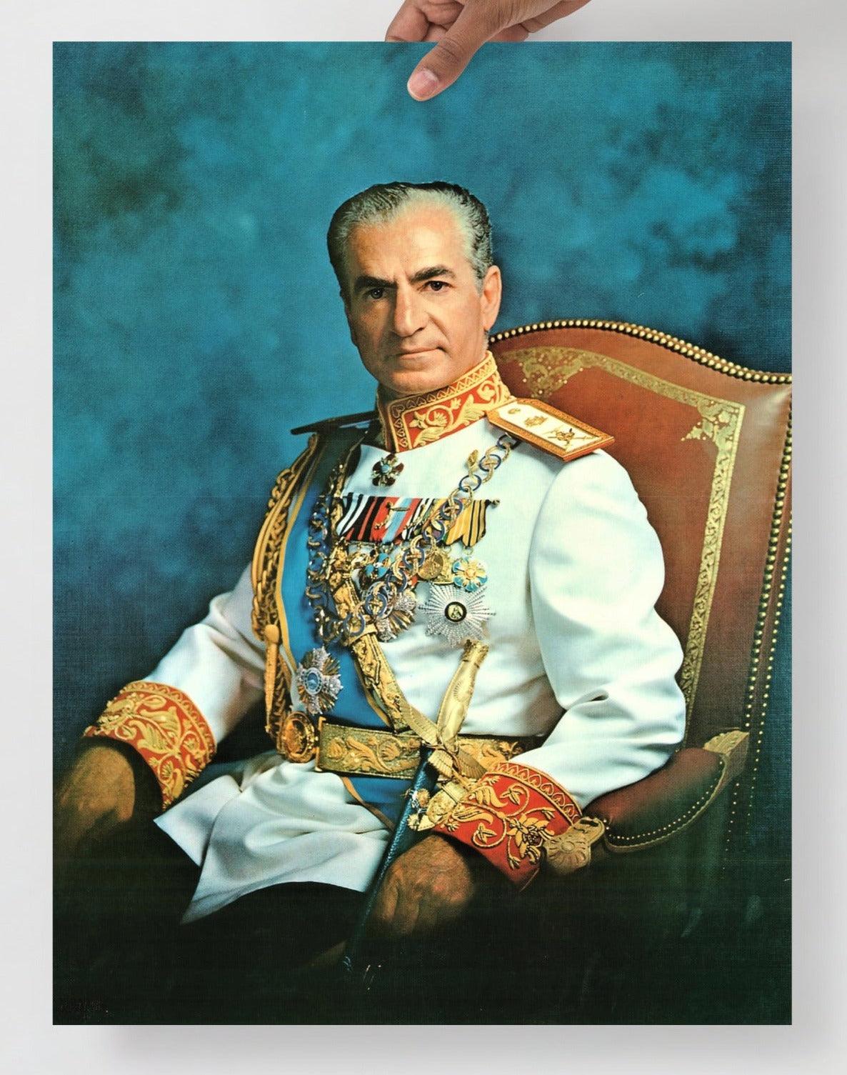 A Mohammad Reza Pahlavi poster on a plain backdrop in size 18x24”.