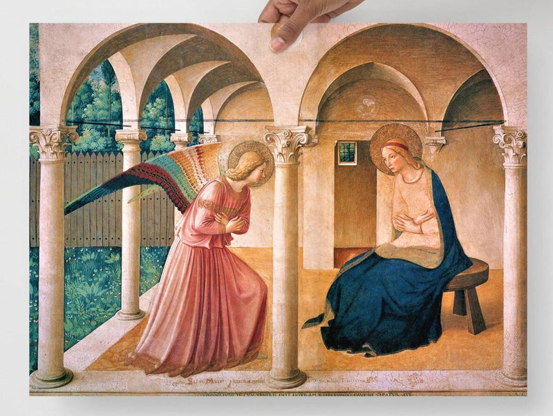 The Annunciation by Beato Angelico poster on a plain backdrop in size 18x24”.