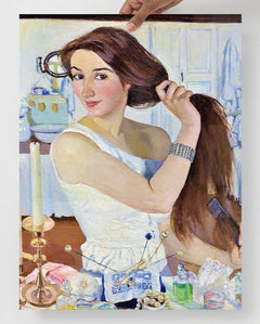 An At the Dressing-Table Self Portrait by Zinaida Serebryakova poster on a plain backdrop in size 18x24”.