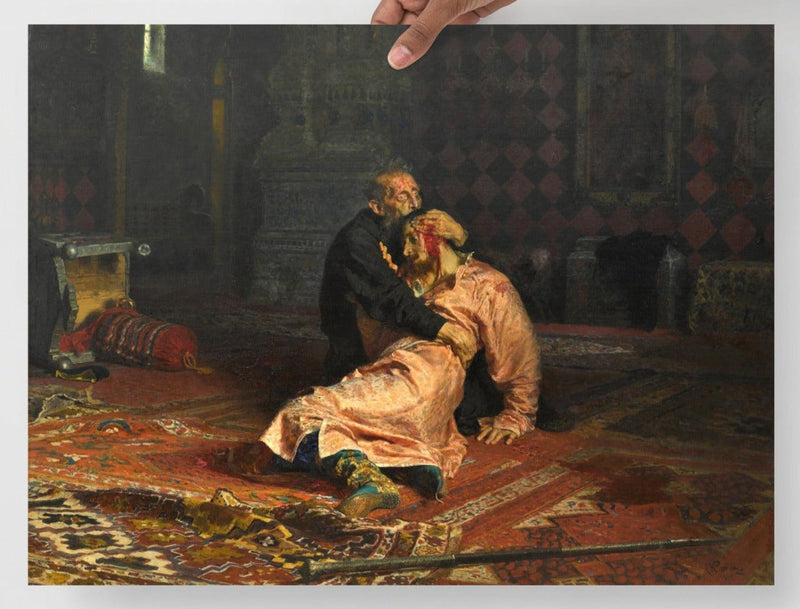 An Ivan the Terrible and His Son Ivan by Ilya Repin poster on a plain backdrop in size 18x24”.