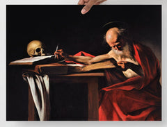 A Saint Jerome Writing by Caravaggio poster on a plain backdrop in size 18x24”.
