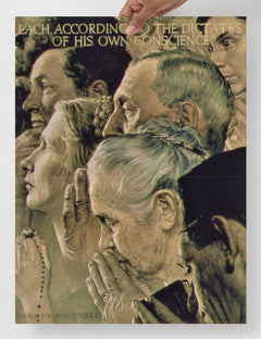 A Freedom of Worship by Norman Rockwell  poster on a plain backdrop in size 18x24”.