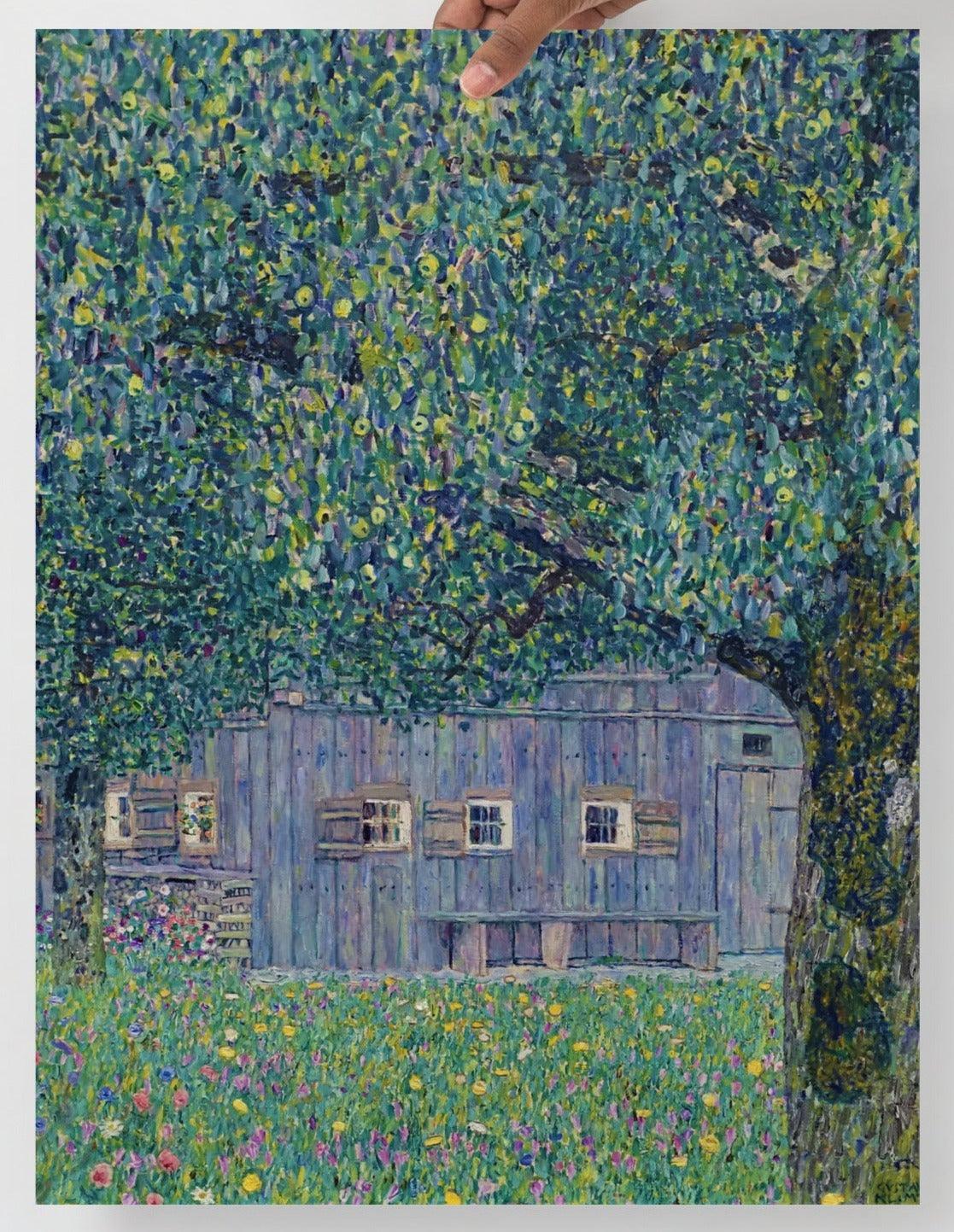 A Farmhouse In Upper Austria by Gustav Klimt poster on a plain backdrop in size 18x24”.